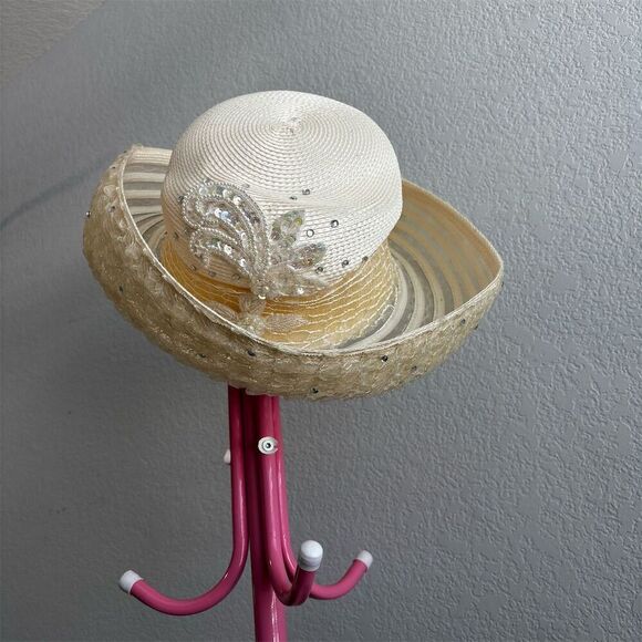 Women's Ivory Wide Brim Straw Hat with Sequins & Floral Appliqué - Picture 5 of 10